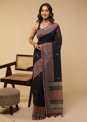 Blue Linen Silk Saree With Blouse Piece