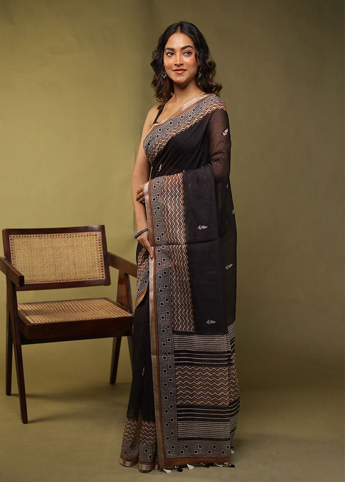 Black Linen Silk Saree With Blouse Piece