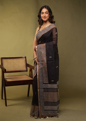 Black Linen Silk Saree With Blouse Piece