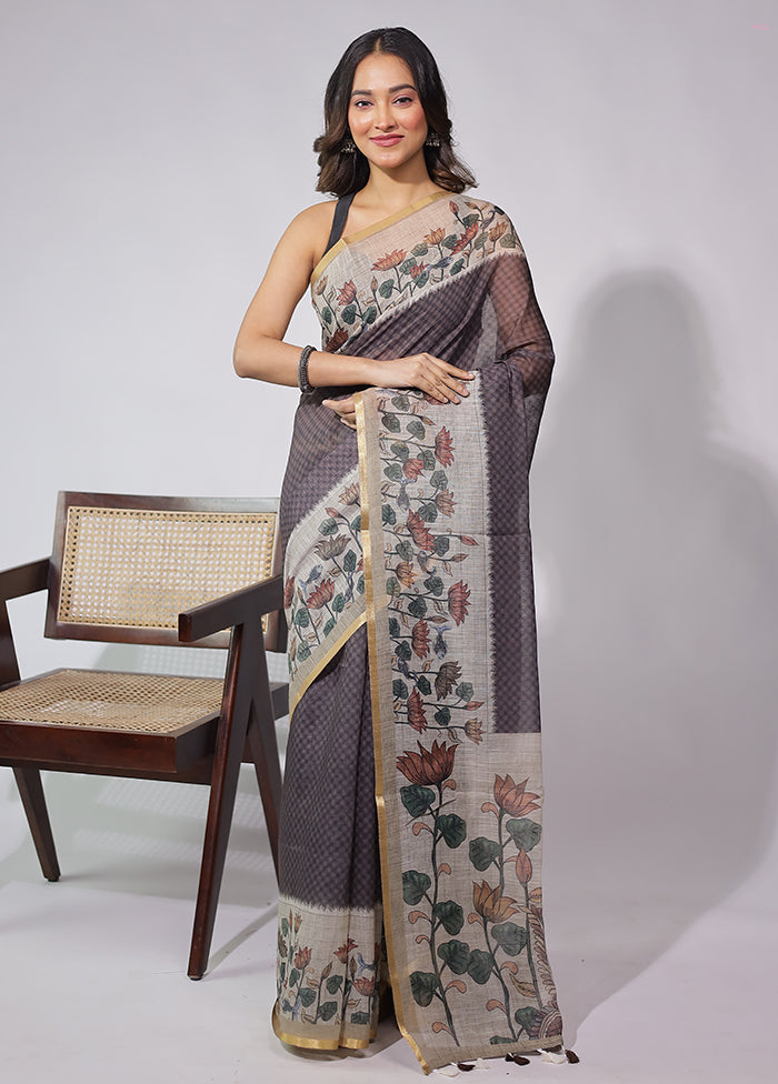 Brown Linen Silk Saree With Blouse Piece