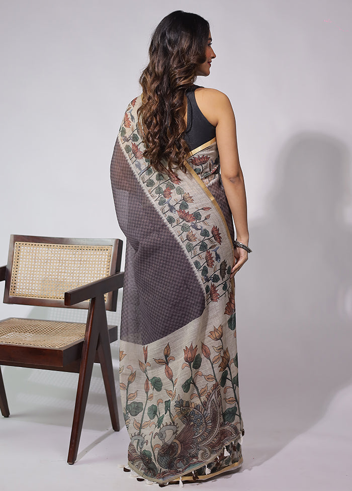 Brown Linen Silk Saree With Blouse Piece