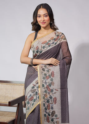 Brown Linen Silk Saree With Blouse Piece