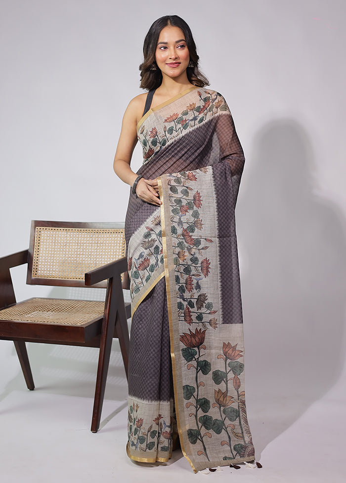 Brown Linen Silk Saree With Blouse Piece