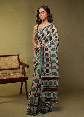 Cream Linen Silk Saree With Blouse Piece