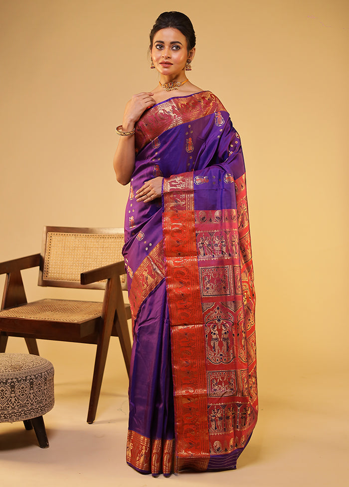 Purple Handloom Baluchari Pure Silk Saree With Blouse Piece