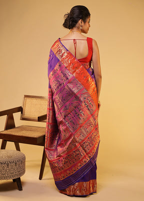 Purple Handloom Baluchari Pure Silk Saree With Blouse Piece