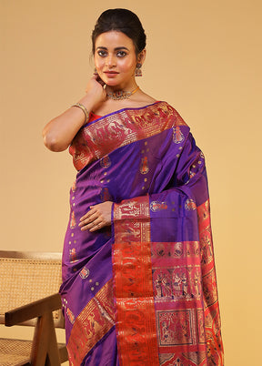 Purple Handloom Baluchari Pure Silk Saree With Blouse Piece