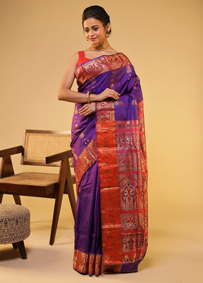 Purple Handloom Baluchari Pure Silk Saree With Blouse Piece