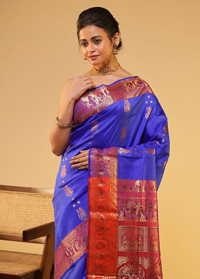 Blue Handloom Baluchari Pure Silk Saree With Blouse Piece