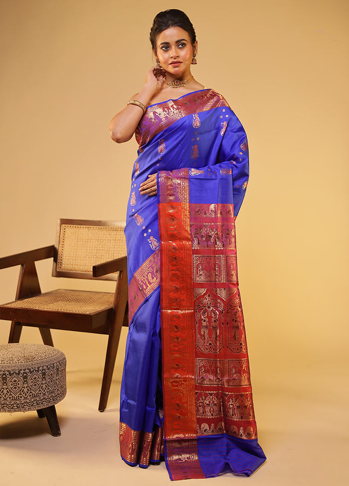 Blue Handloom Baluchari Pure Silk Saree With Blouse Piece