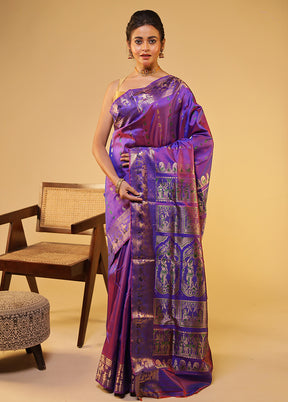 Purple Handloom Baluchari Pure Silk Saree With Blouse Piece