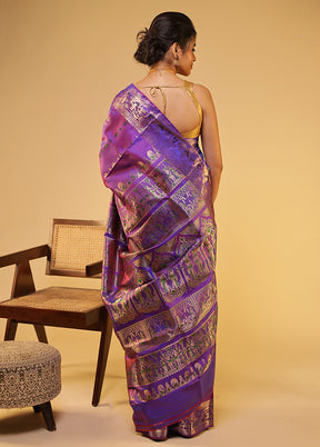 Purple Handloom Baluchari Pure Silk Saree With Blouse Piece