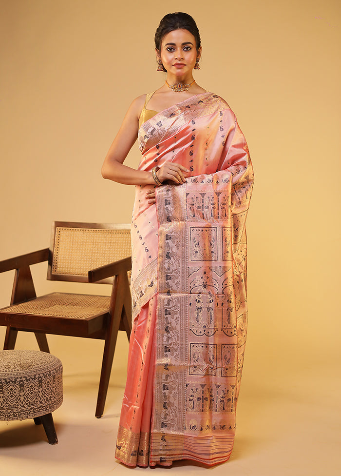 Pink Handloom Baluchari Pure Silk Saree With Blouse Piece
