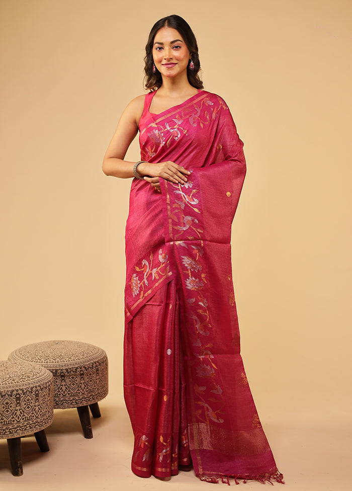 Pink Handloom Tussar Pure Silk Saree With Blouse Piece
