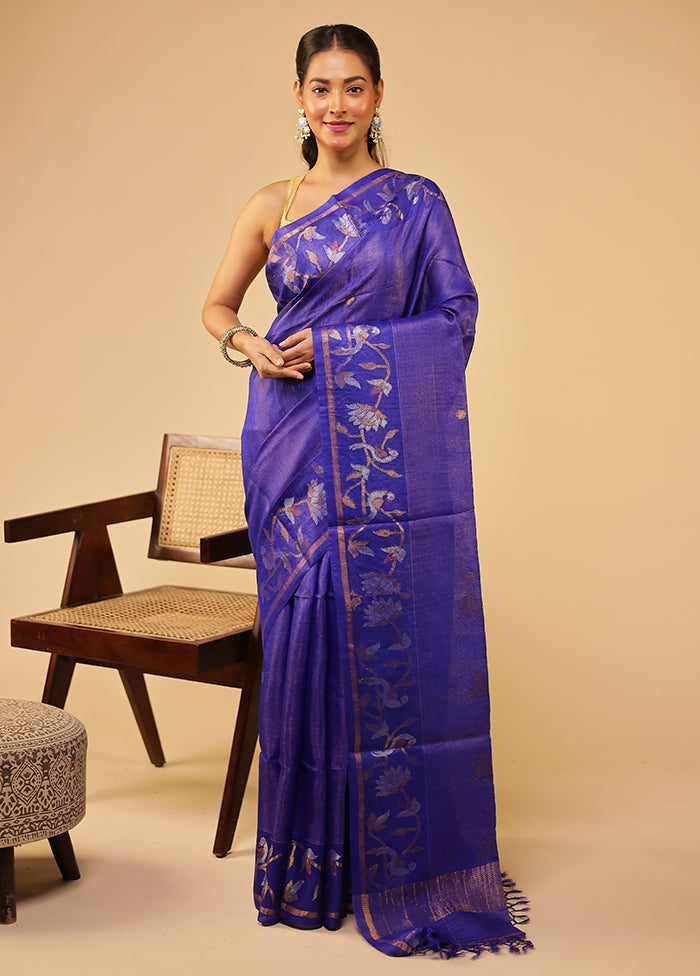 Blue Handloom Tussar Pure Silk Saree With Blouse Piece