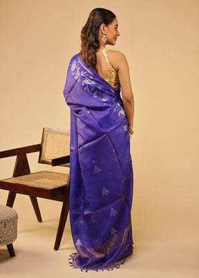 Blue Handloom Tussar Pure Silk Saree With Blouse Piece
