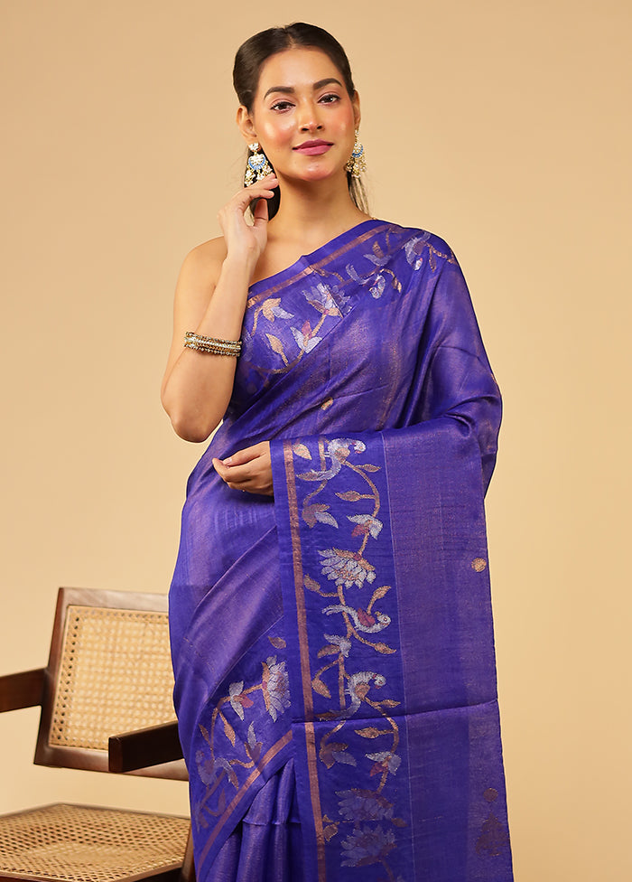 Blue Handloom Tussar Pure Silk Saree With Blouse Piece