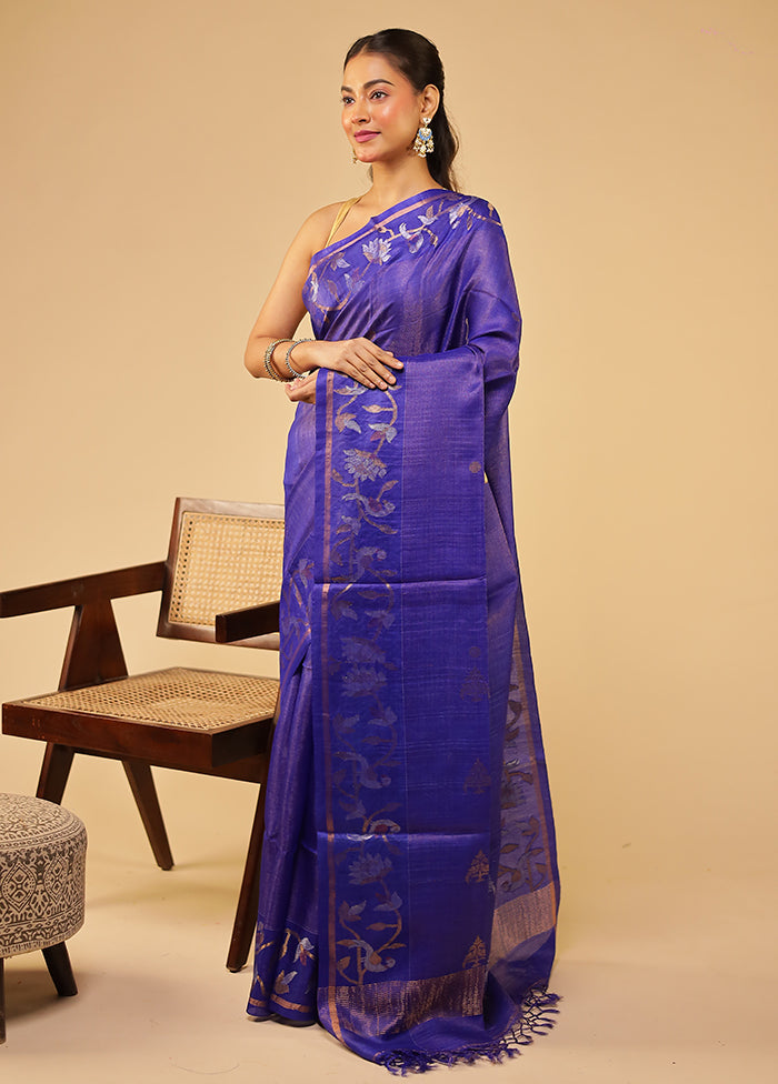Blue Handloom Tussar Pure Silk Saree With Blouse Piece