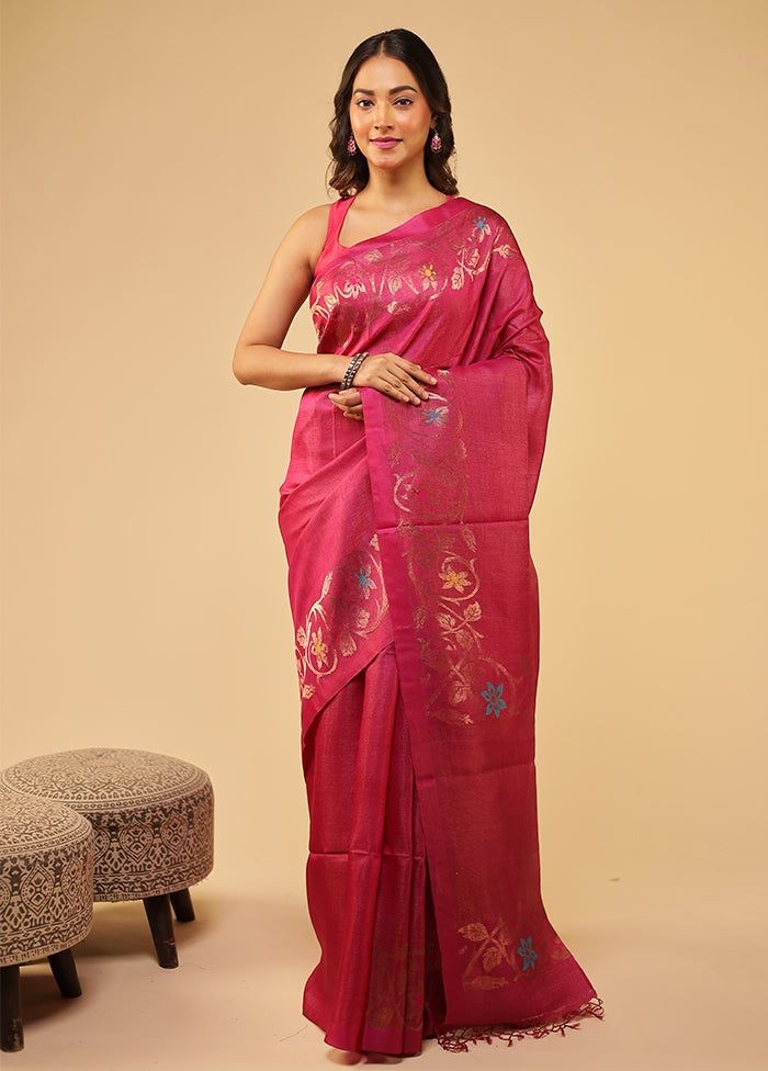 Pink Handloom Tussar Pure Silk Saree With Blouse Piece