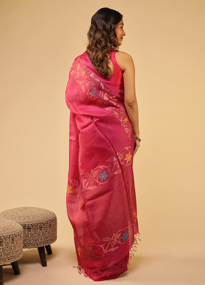 Pink Handloom Tussar Pure Silk Saree With Blouse Piece