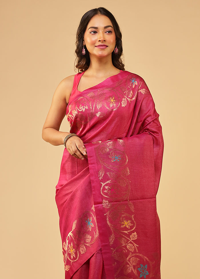 Pink Handloom Tussar Pure Silk Saree With Blouse Piece