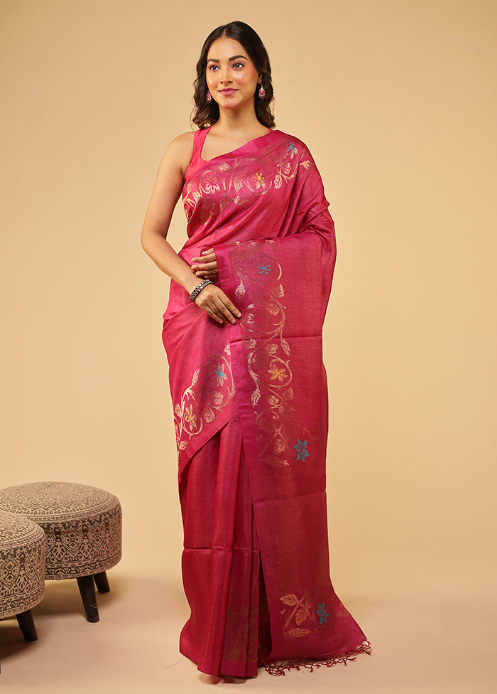 Pink Handloom Tussar Pure Silk Saree With Blouse Piece