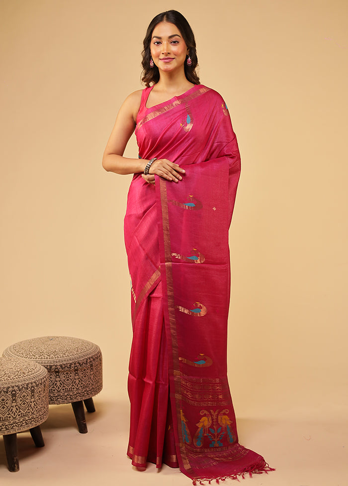 Pink Handloom Tussar Pure Silk Saree With Blouse Piece