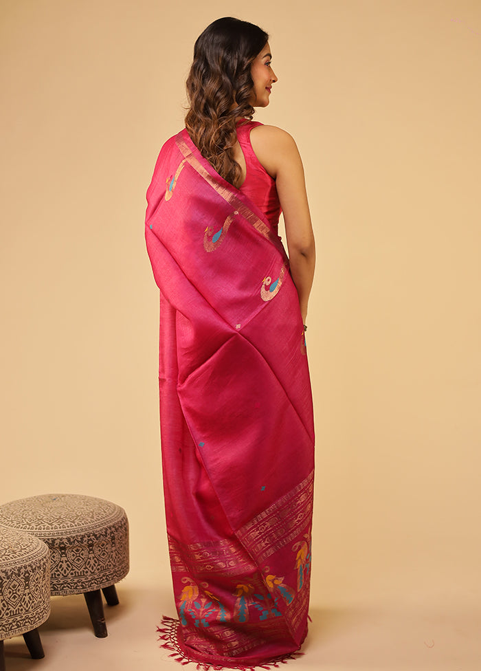 Pink Handloom Tussar Pure Silk Saree With Blouse Piece