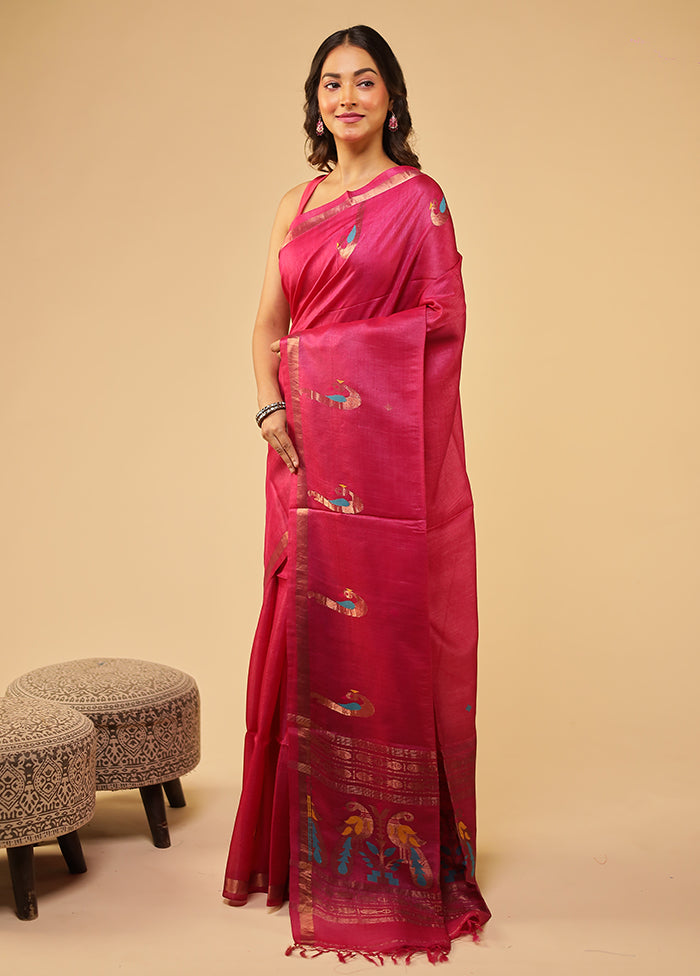 Pink Handloom Tussar Pure Silk Saree With Blouse Piece