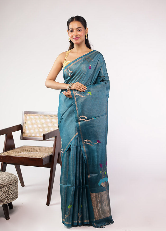 Green Handloom Tussar Pure Silk Saree With Blouse Piece
