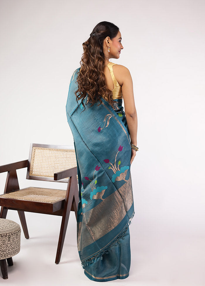 Green Handloom Tussar Pure Silk Saree With Blouse Piece