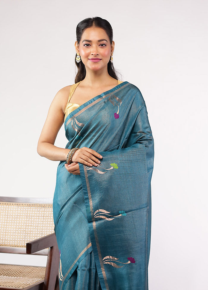 Green Handloom Tussar Pure Silk Saree With Blouse Piece