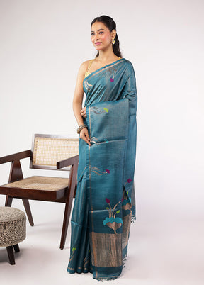 Green Handloom Tussar Pure Silk Saree With Blouse Piece