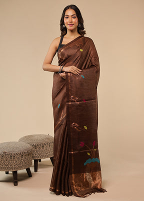 Brown Handloom Tussar Pure Silk Saree With Blouse Piece