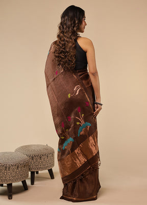 Brown Handloom Tussar Pure Silk Saree With Blouse Piece