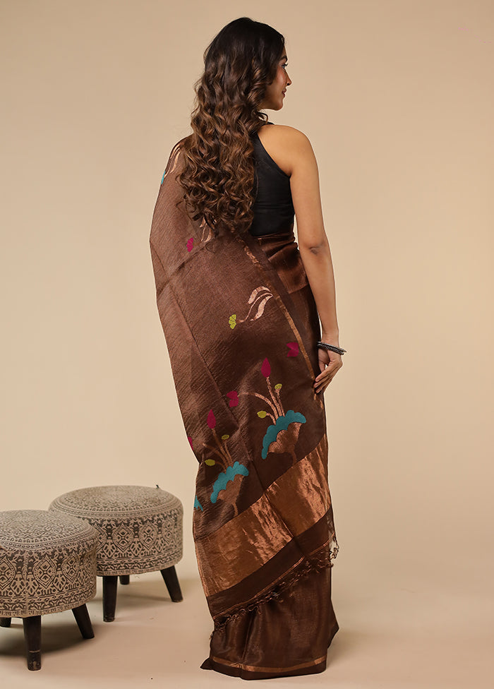 Brown Handloom Tussar Pure Silk Saree With Blouse Piece