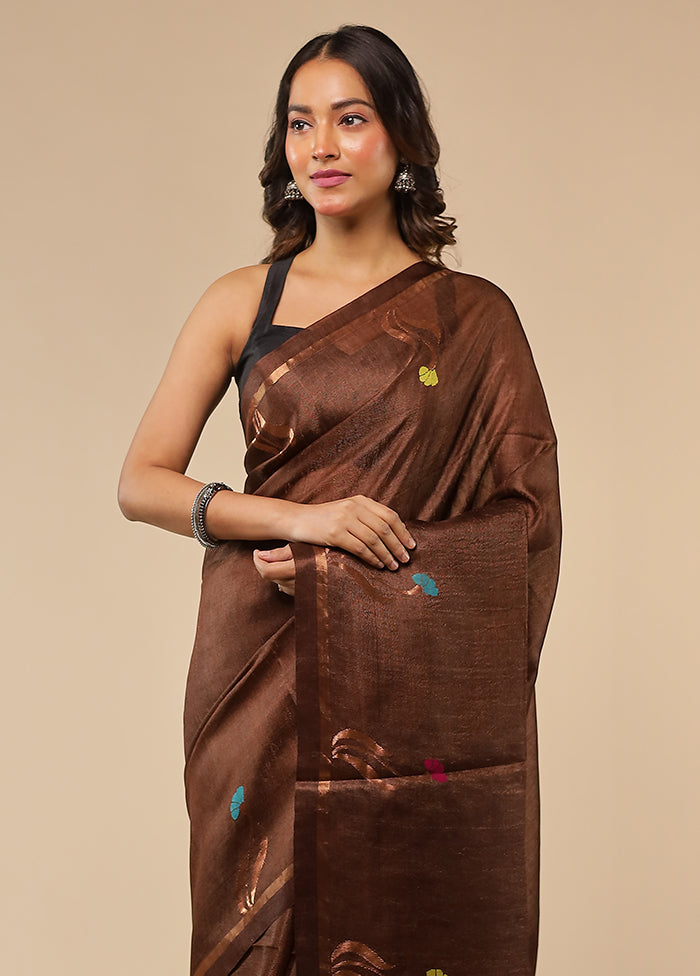 Brown Handloom Tussar Pure Silk Saree With Blouse Piece