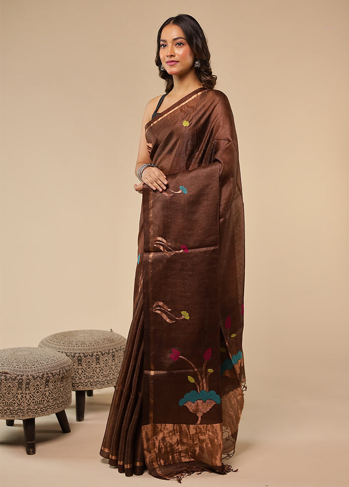 Brown Handloom Tussar Pure Silk Saree With Blouse Piece