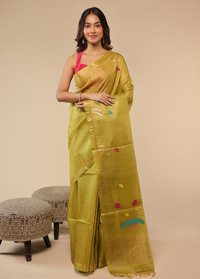 Green Handloom Tussar Pure Silk Saree With Blouse Piece