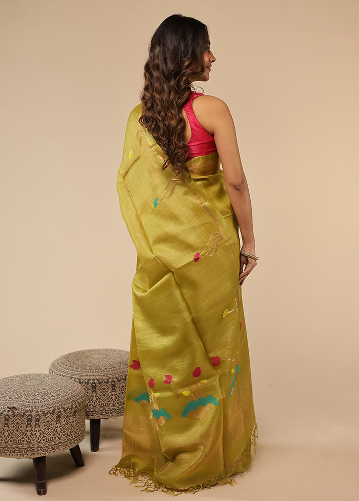 Green Handloom Tussar Pure Silk Saree With Blouse Piece