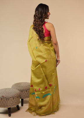 Green Handloom Tussar Pure Silk Saree With Blouse Piece