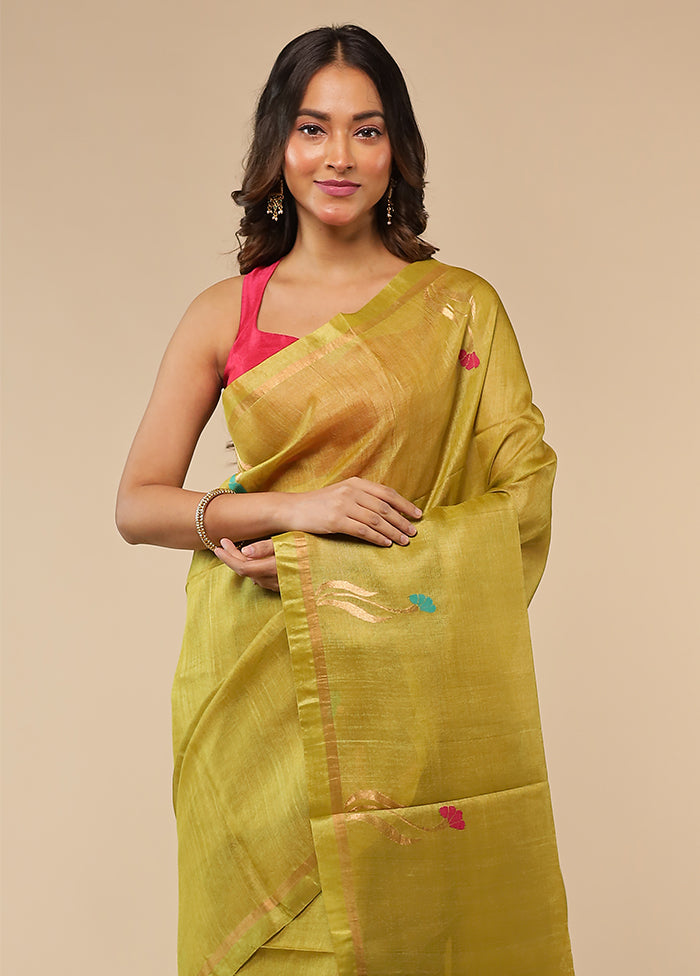 Green Handloom Tussar Pure Silk Saree With Blouse Piece