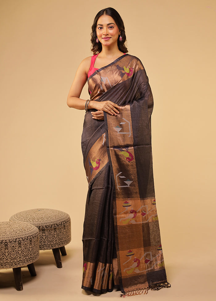 Gold Handloom Tussar Pure Silk Saree With Blouse Piece