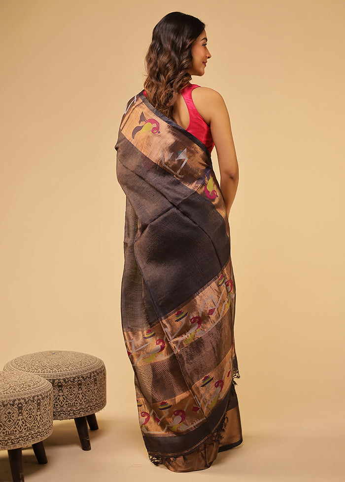 Gold Handloom Tussar Pure Silk Saree With Blouse Piece