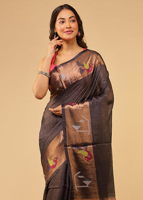 Gold Handloom Tussar Pure Silk Saree With Blouse Piece