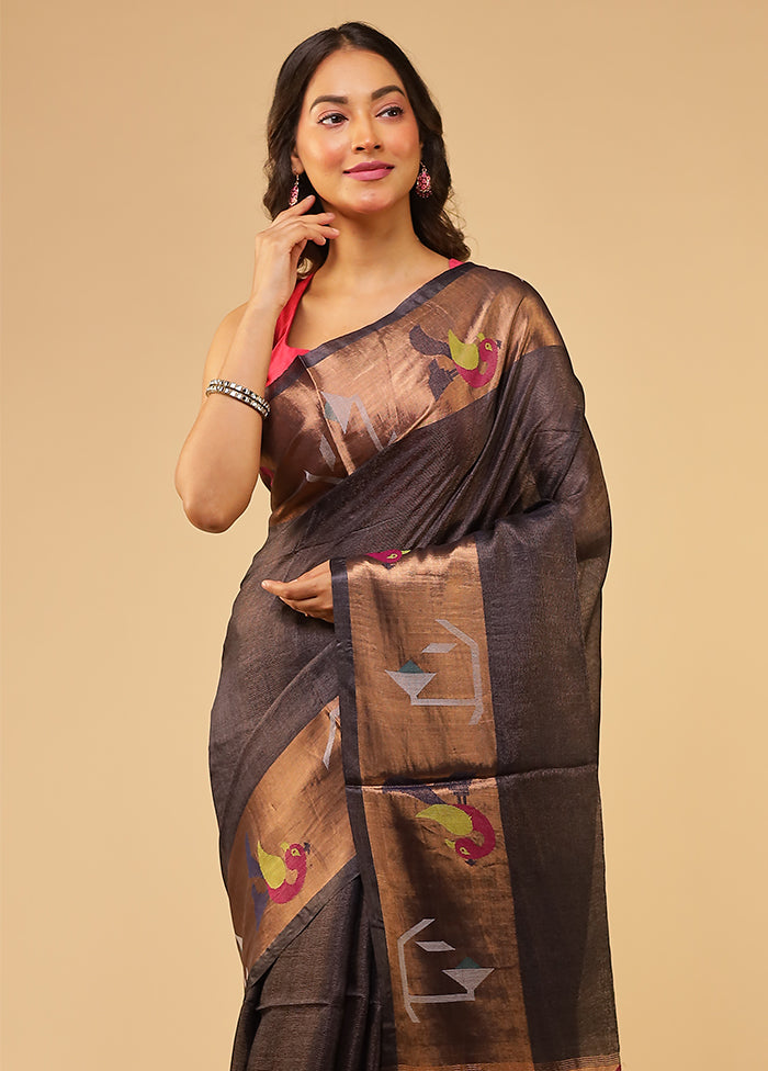 Gold Handloom Tussar Pure Silk Saree With Blouse Piece
