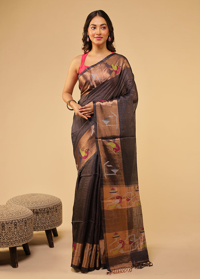 Gold Handloom Tussar Pure Silk Saree With Blouse Piece