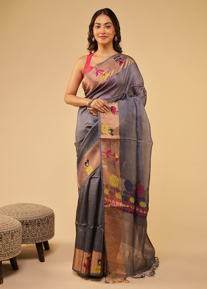 Grey Handloom Tussar Pure Silk Saree With Blouse Piece