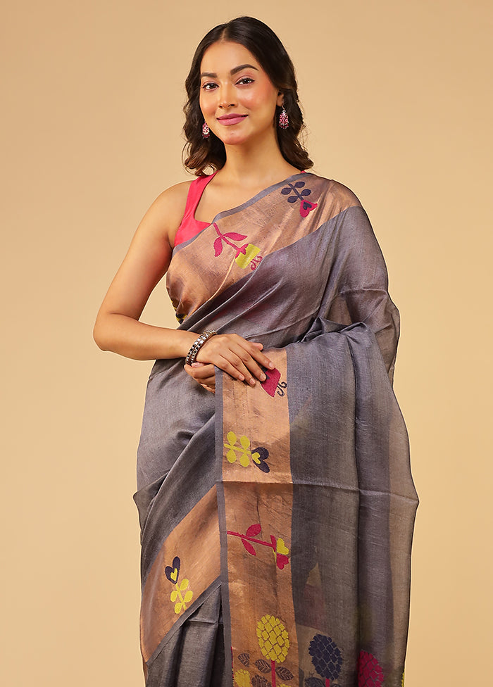 Grey Handloom Tussar Pure Silk Saree With Blouse Piece