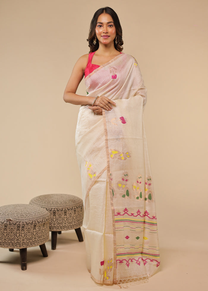 White Handloom Tussar Pure Silk Saree With Blouse Piece